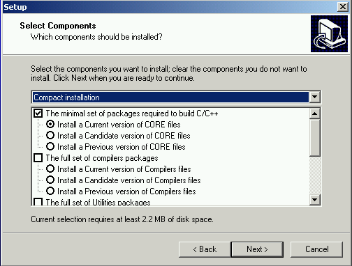 MinGW installation components