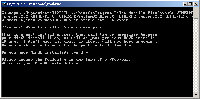 MSYS asking for path to MinGW